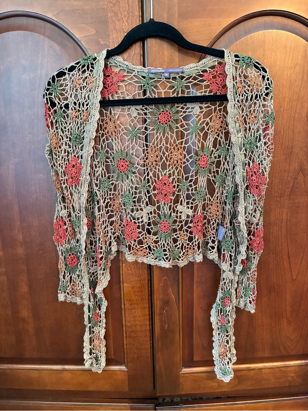 Hale Bob Crochet Floral Open Cardigan Beige, Coral & Sage Cottagecore boho